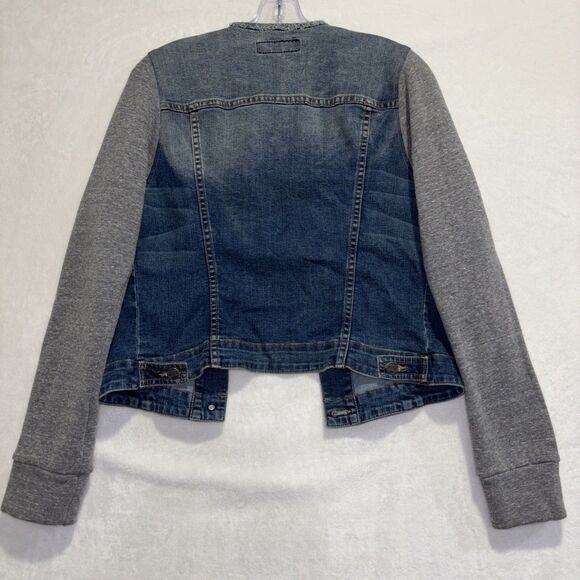 John Eshaya JET Blue Denim Gray Knit Sleeve Jean Jacket Women's Size M/L - Picture 8 of 15
